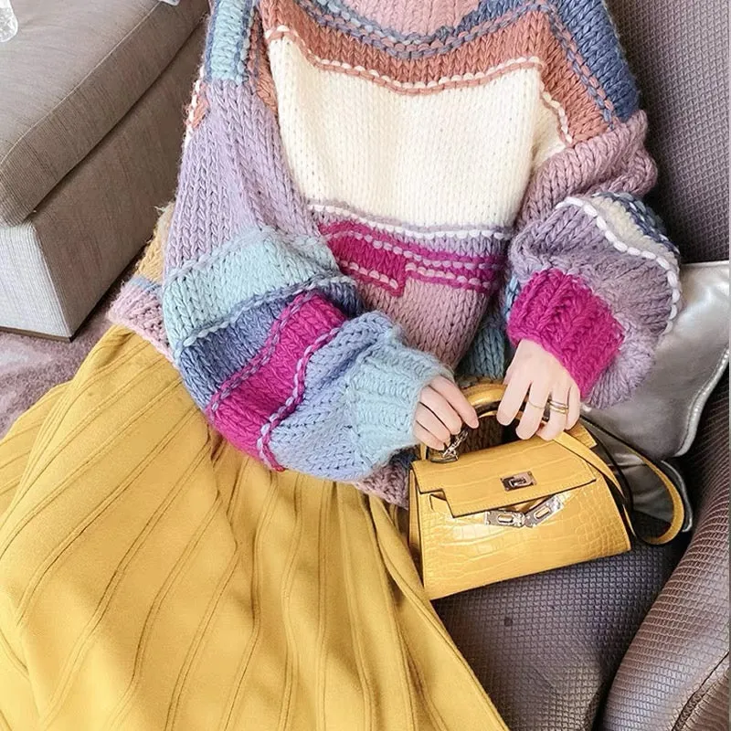 2022 new Japanese style lazy style thick line loose rainbow striped cocoon pullover sweater for women autumn and winter outer we