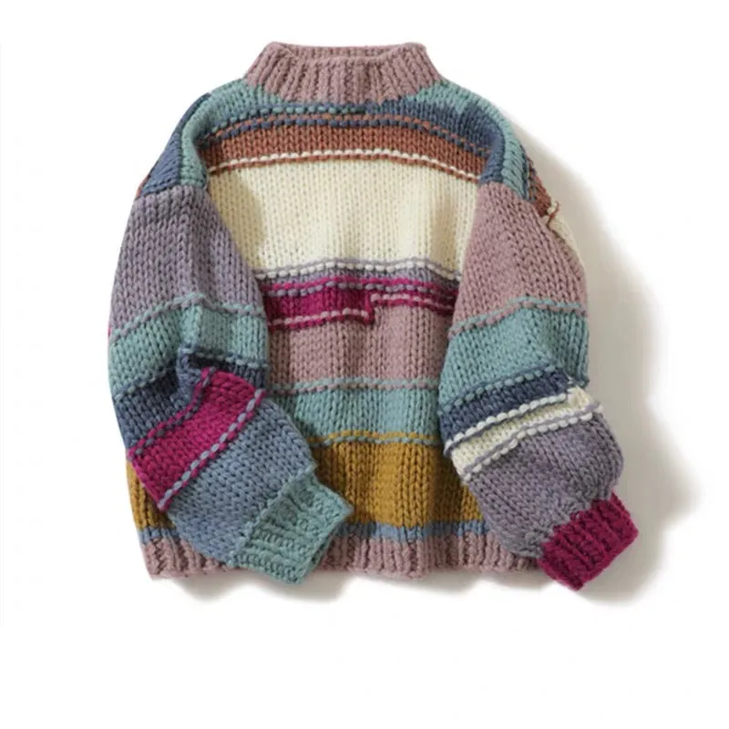 2022 new Japanese style lazy style thick line loose rainbow striped cocoon pullover sweater for women autumn and winter outer we