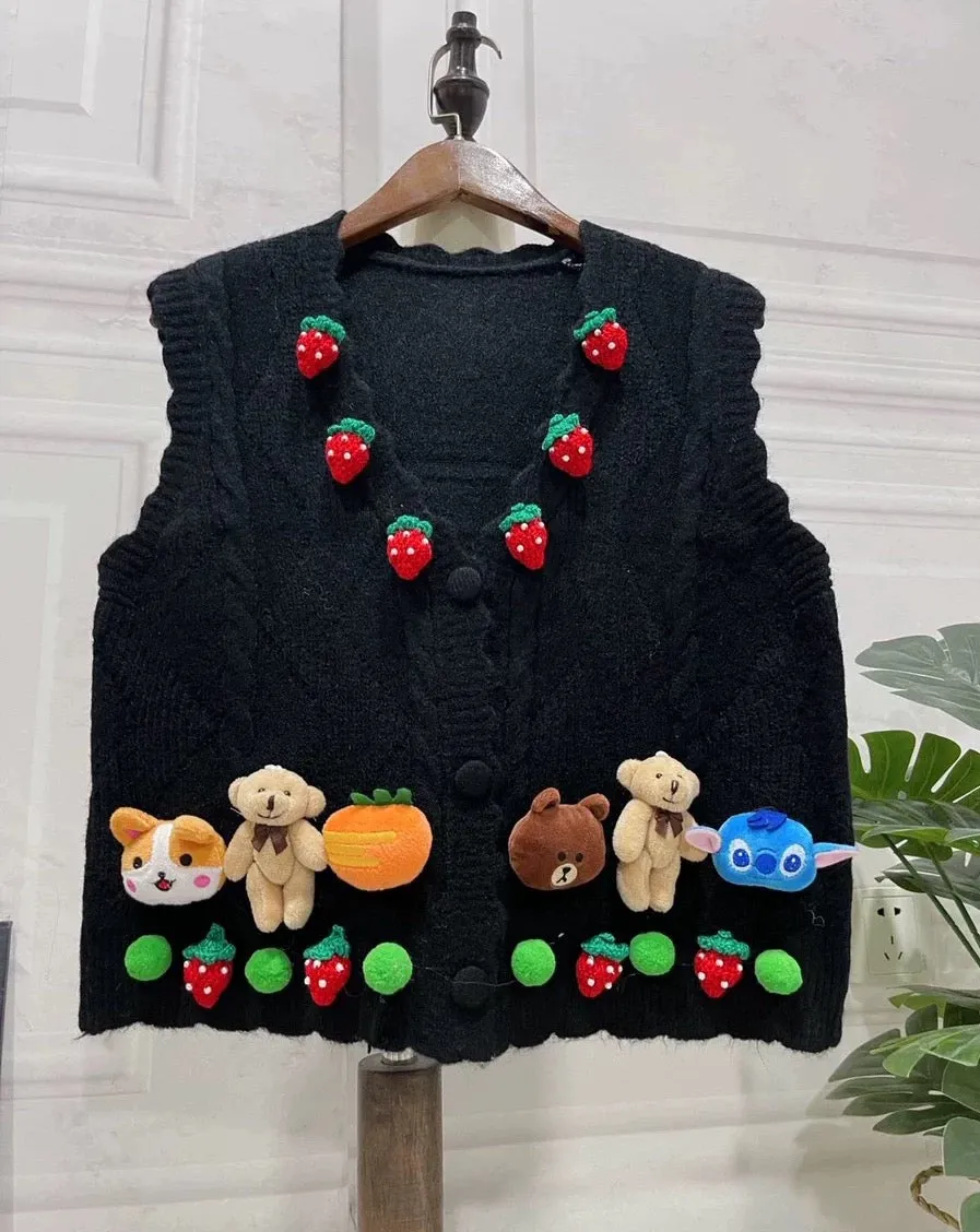 2022 Three-dimensional Handmade Strawberry Bear Cute Twist Braided Vest Top Autumn Vest Sweater Jacket Women's Clothing