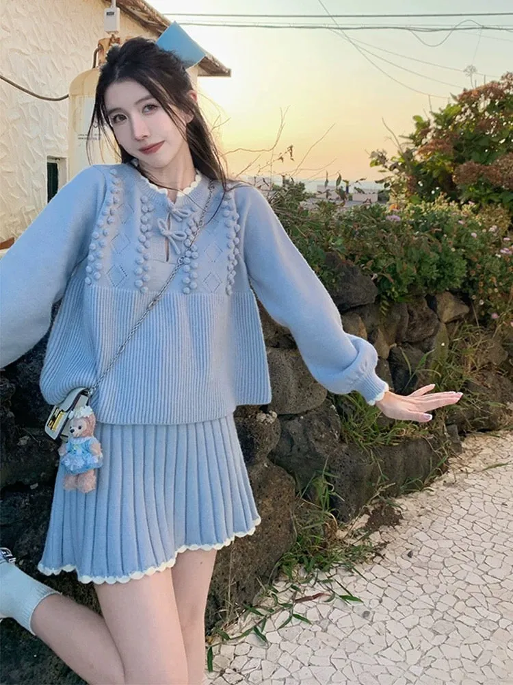 2023 autumn and winter new style small fragrant blue knitted sweater skirt suit for women Korean style gentle and sweet two-piec