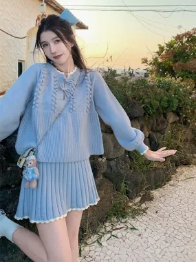 2023 autumn and winter new style small fragrant blue knitted sweater skirt suit for women Korean style gentle and sweet two-piec