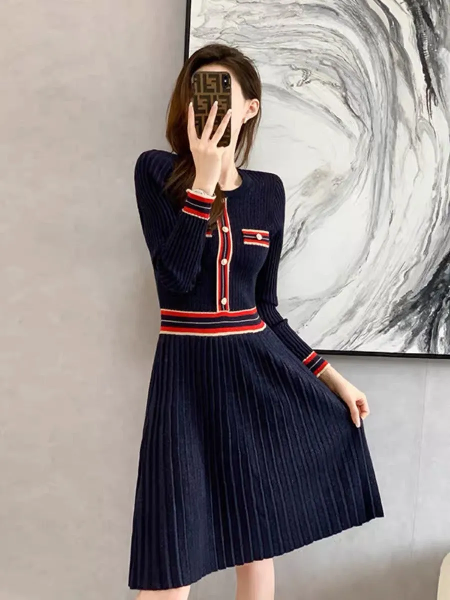 2023 autumn and winter new style small fragrant style knitted dress mid-length temperament inner body slimming high waist sweate