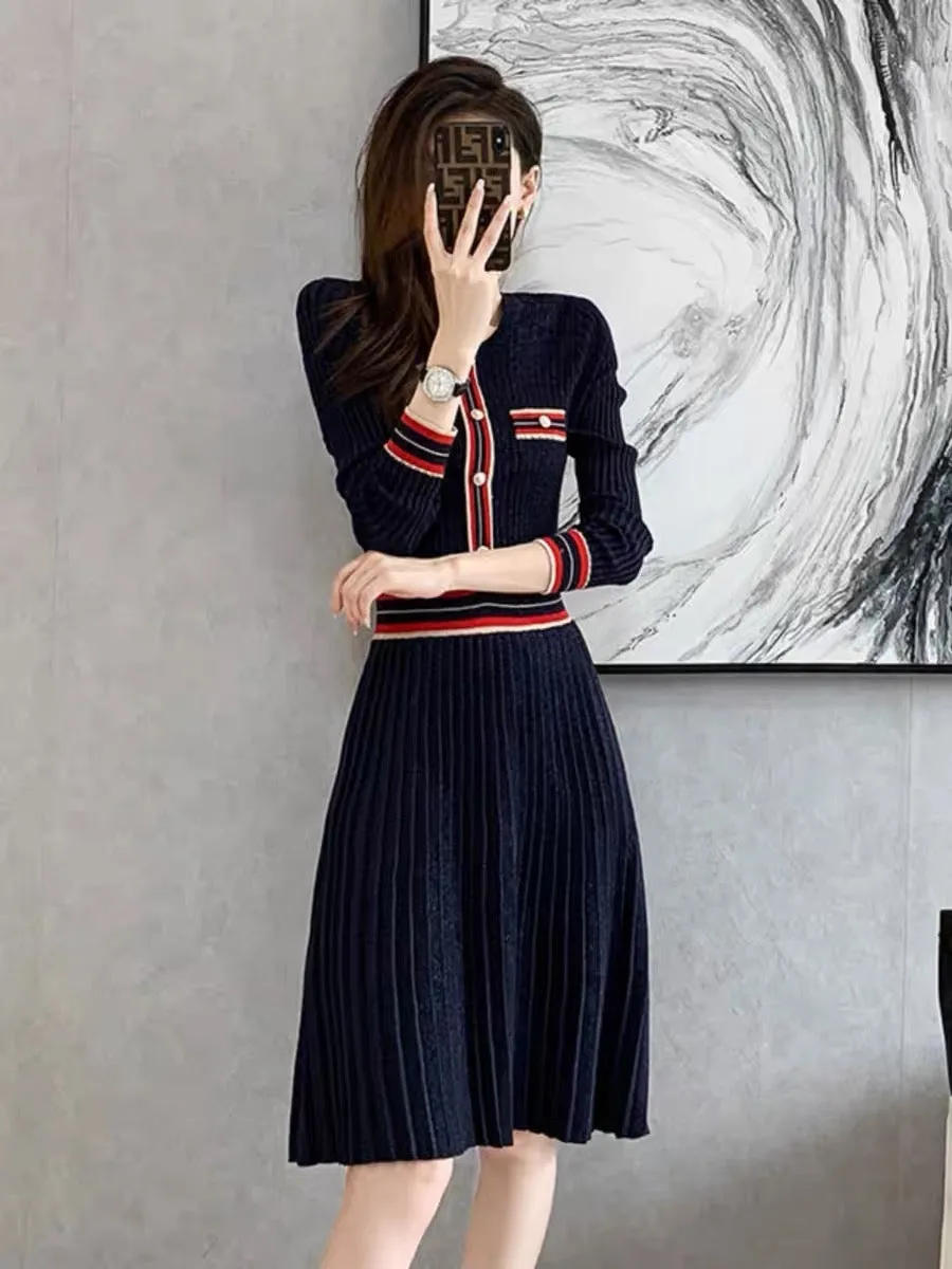 2023 autumn and winter new style small fragrant style knitted dress mid-length temperament inner body slimming high waist sweate