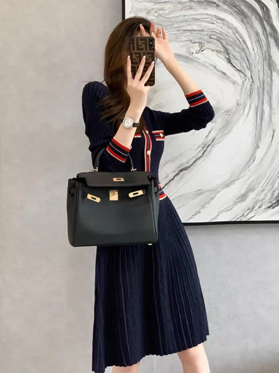 2023 autumn and winter new style small fragrant style knitted dress mid-length temperament inner body slimming high waist sweate