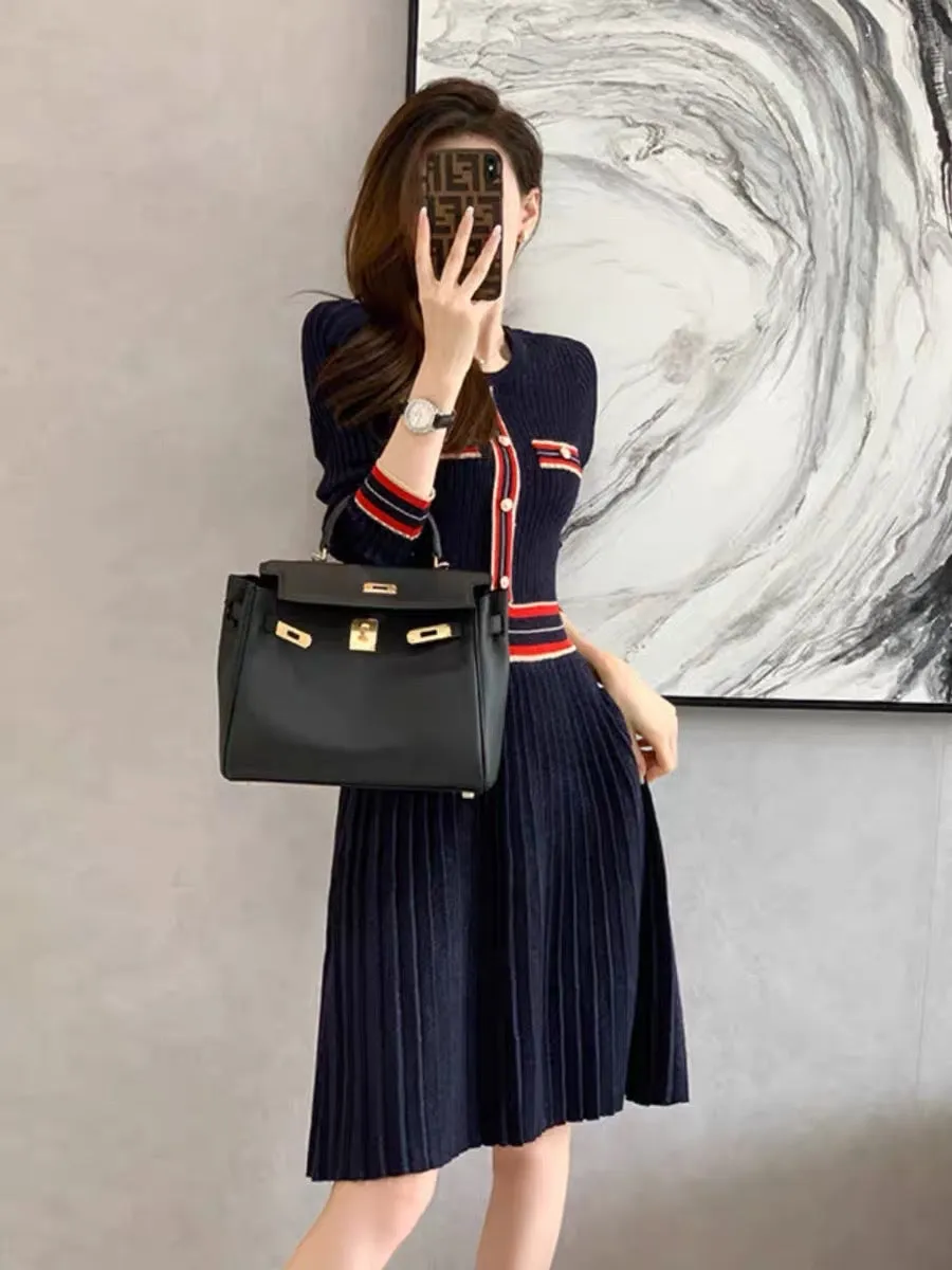 2023 autumn and winter new style small fragrant style knitted dress mid-length temperament inner body slimming high waist sweate