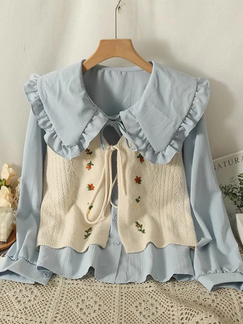 2023 autumn new internet celebrity age-reducing embroidered knitted vest + sweet doll collar long-sleeved shirt two-piece set fo