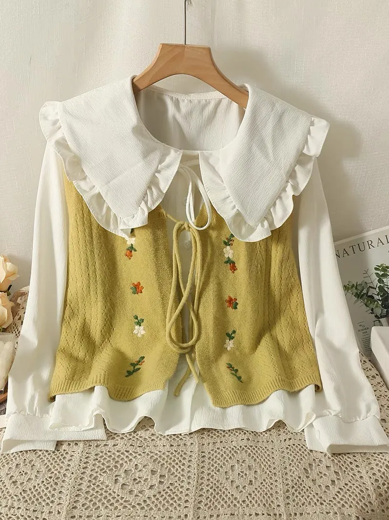 2023 autumn new internet celebrity age-reducing embroidered knitted vest + sweet doll collar long-sleeved shirt two-piece set fo