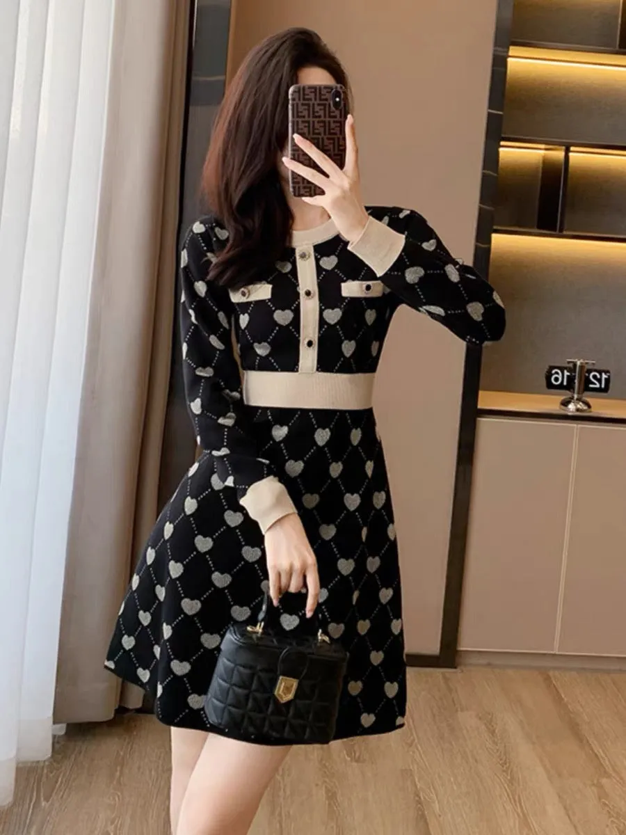 2023 new autumn and winter high-end small fragrance knitted dress women's mid-length slim temperament A-line sweater dress (B891