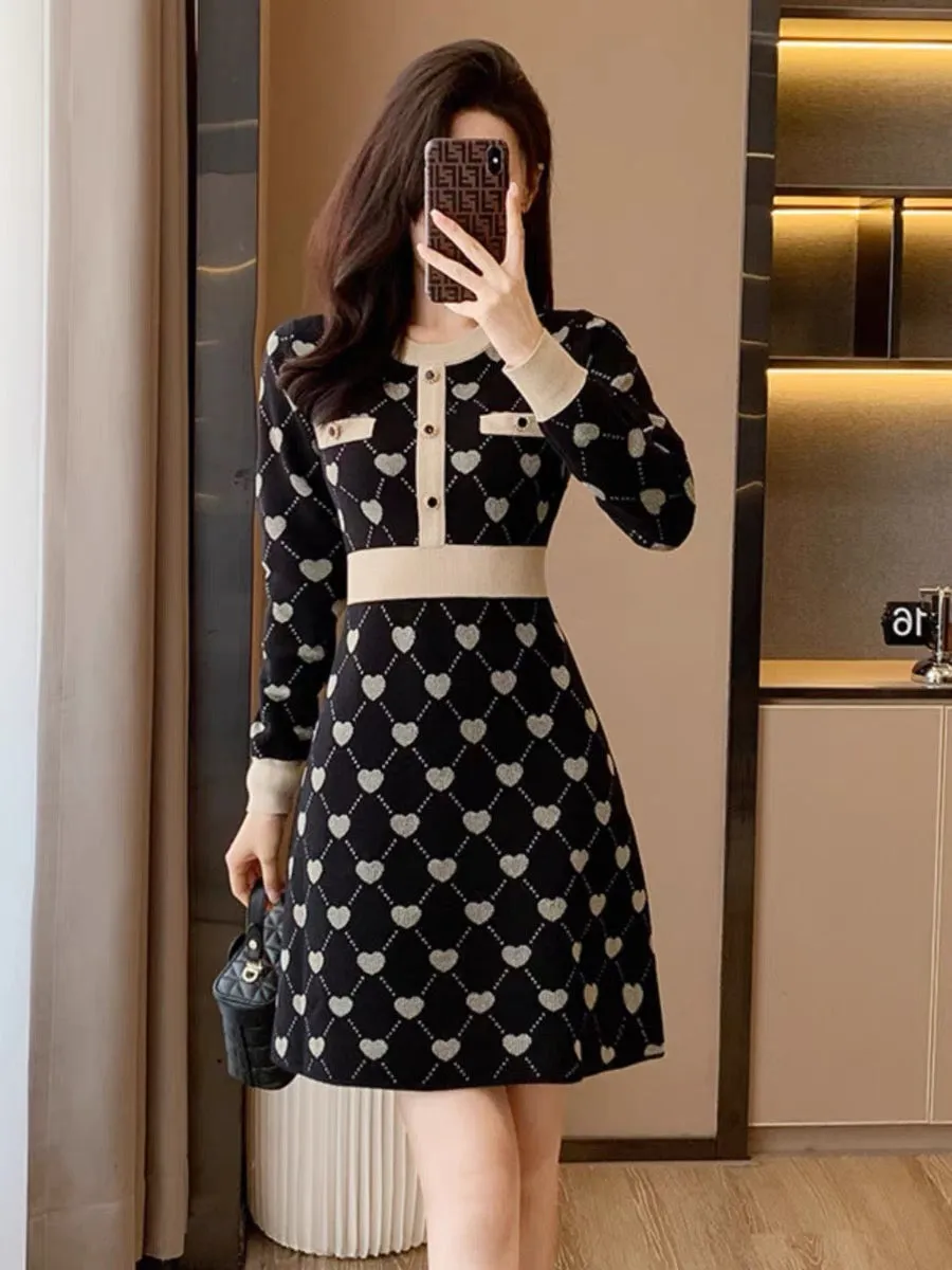 2023 new autumn and winter high-end small fragrance knitted dress women's mid-length slim temperament A-line sweater dress (B891