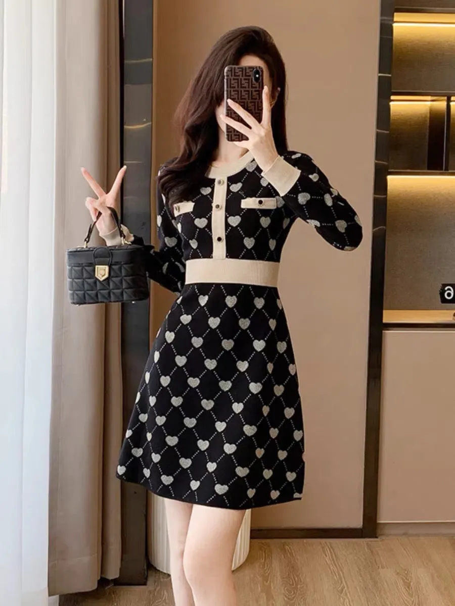 2023 new autumn and winter high-end small fragrance knitted dress women's mid-length slim temperament A-line sweater dress (B891