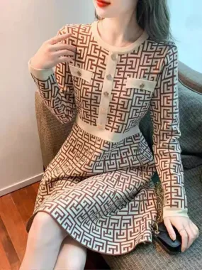 2023 new winter printed knitted dress with waist, fashionable and slim bottoming French style sweater skirt (B8917)