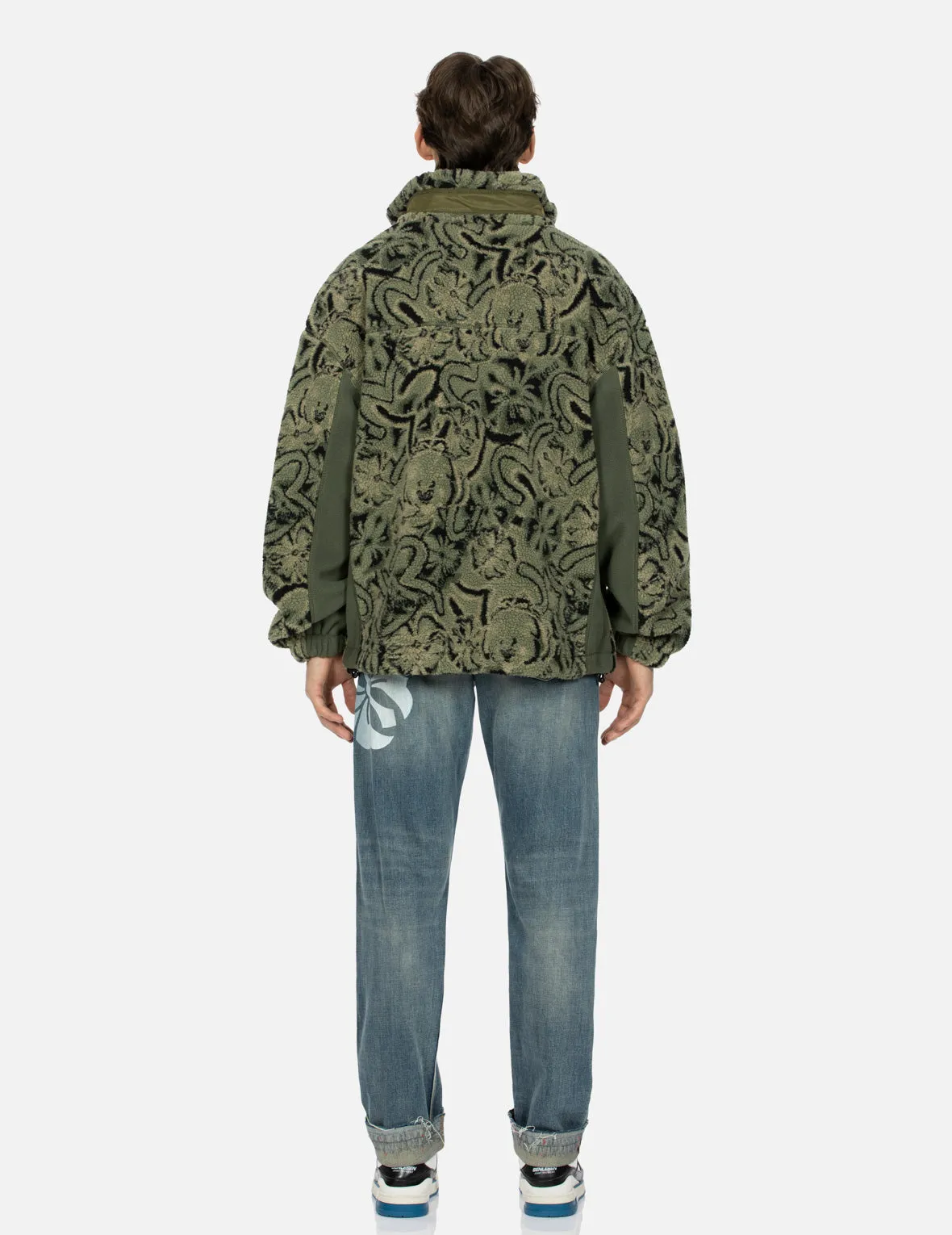 Allover Seagull and Kamon Jacquard Loose Fit Sherpa Jacket