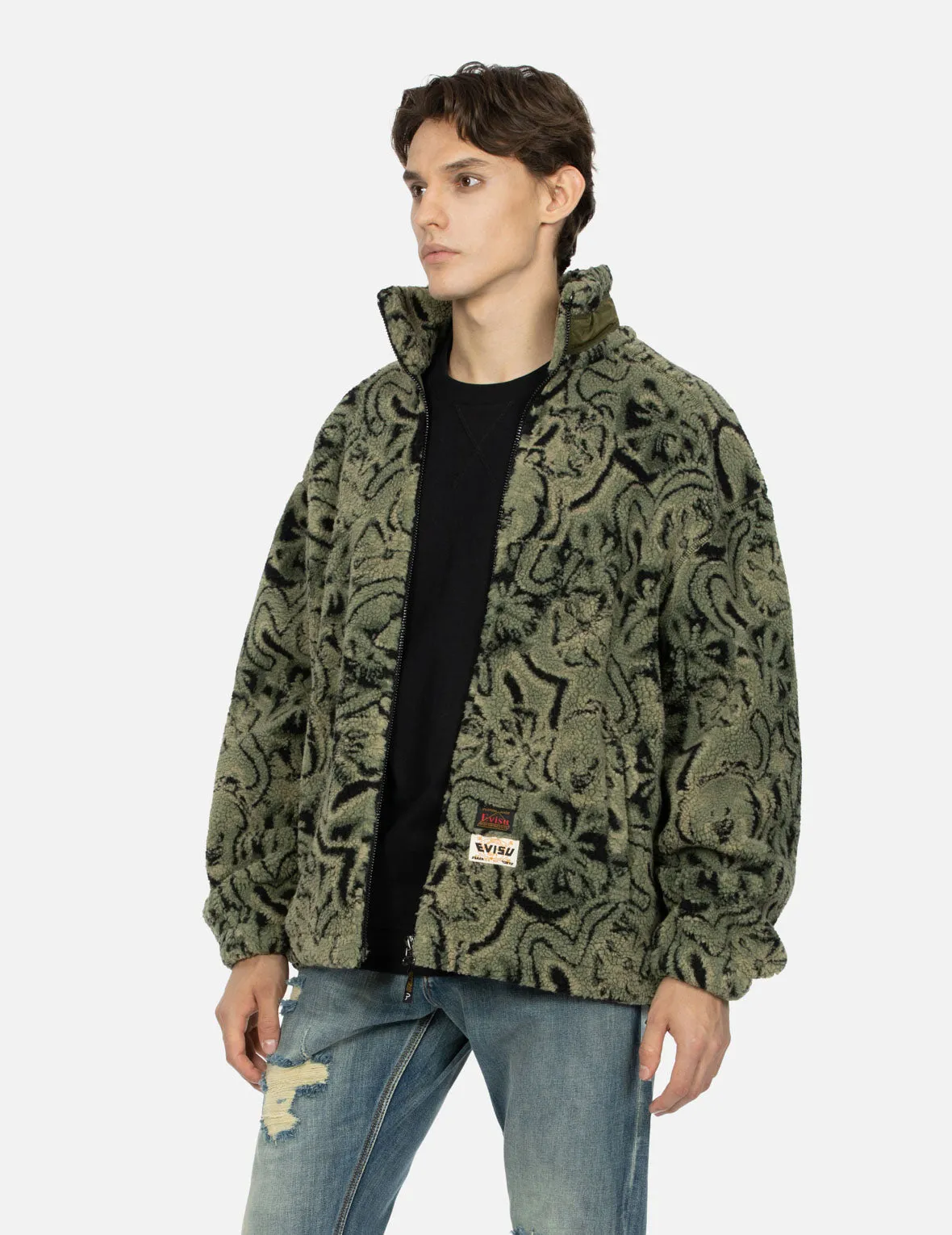 Allover Seagull and Kamon Jacquard Loose Fit Sherpa Jacket