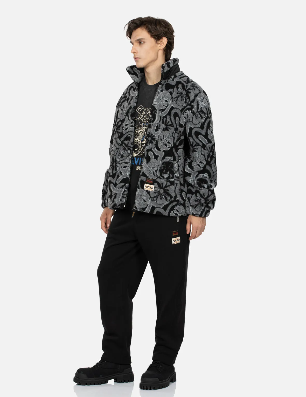 Allover Seagull and Kamon Jacquard Loose Fit Sherpa Jacket