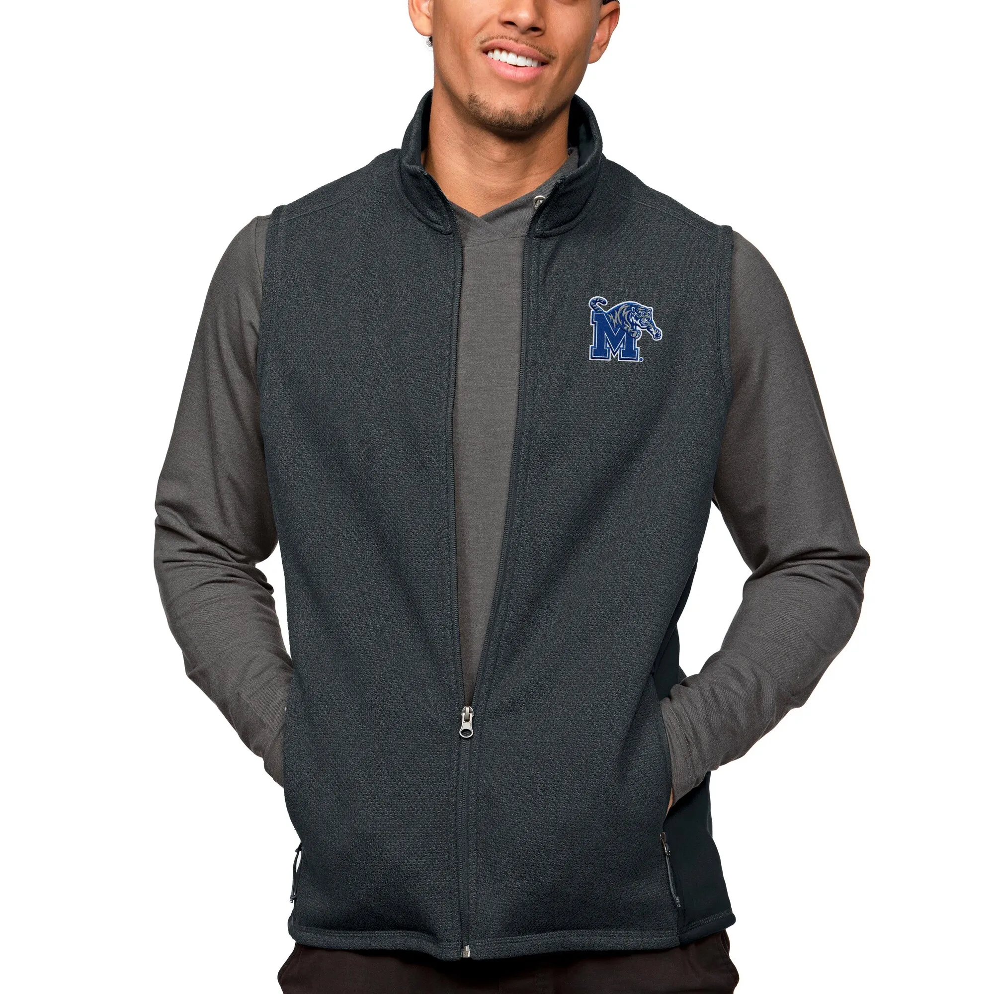 Antigua Memphis Tigers Heather Charcoal Course Full-Zip Vest