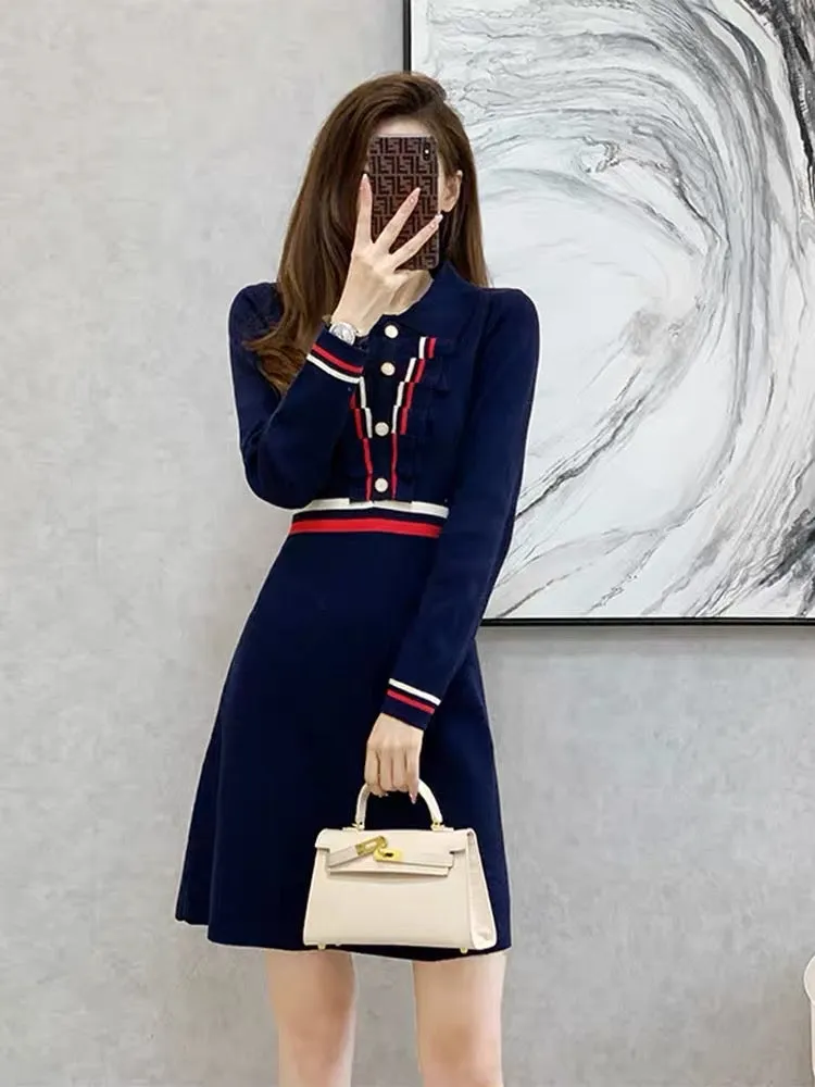 Autumn and winter 2023 new style small fragrance Polo collar knitted dress high-end temperament waist slimming bottoming sweater