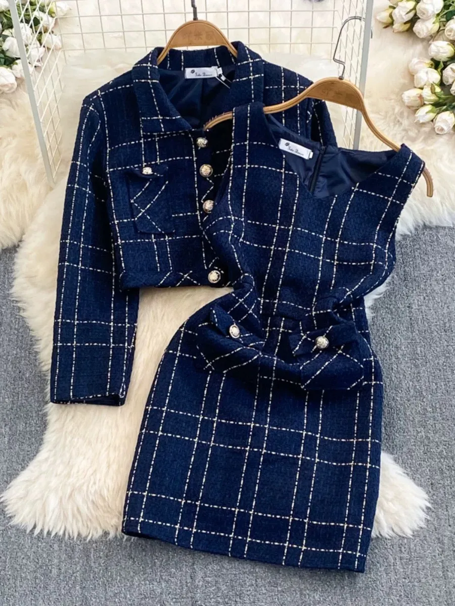 Autumn and winter ladylike style long-sleeved tweed jacket two-piece waist vest hip-covering dress for women