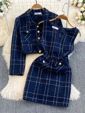 Autumn and winter ladylike style long-sleeved tweed jacket two-piece waist vest hip-covering dress for women