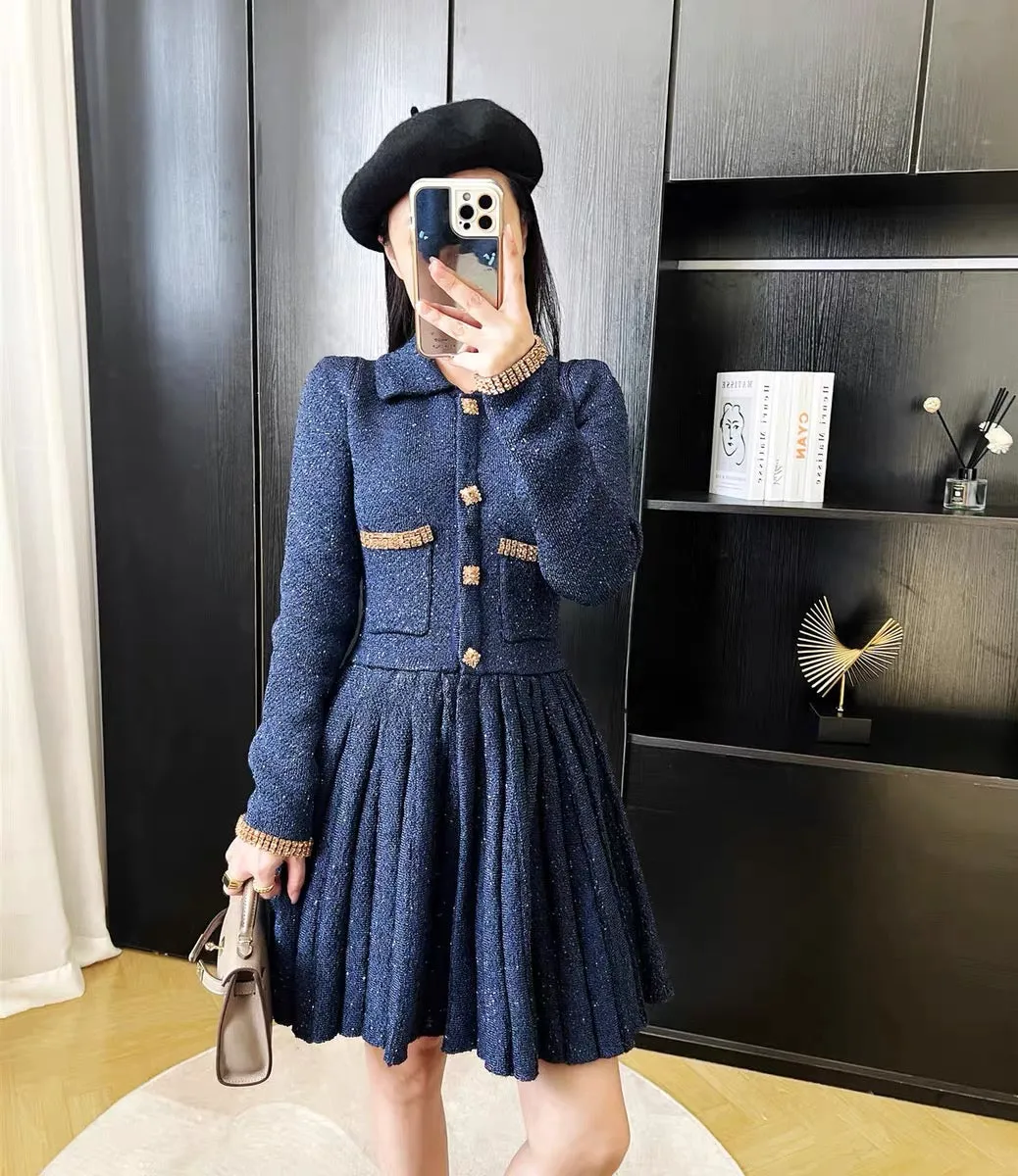 Autumn French retro sequin gold buckle diamond pleated slim-fitting small fragrant knitted dress bottoming slim sweater skirt D9