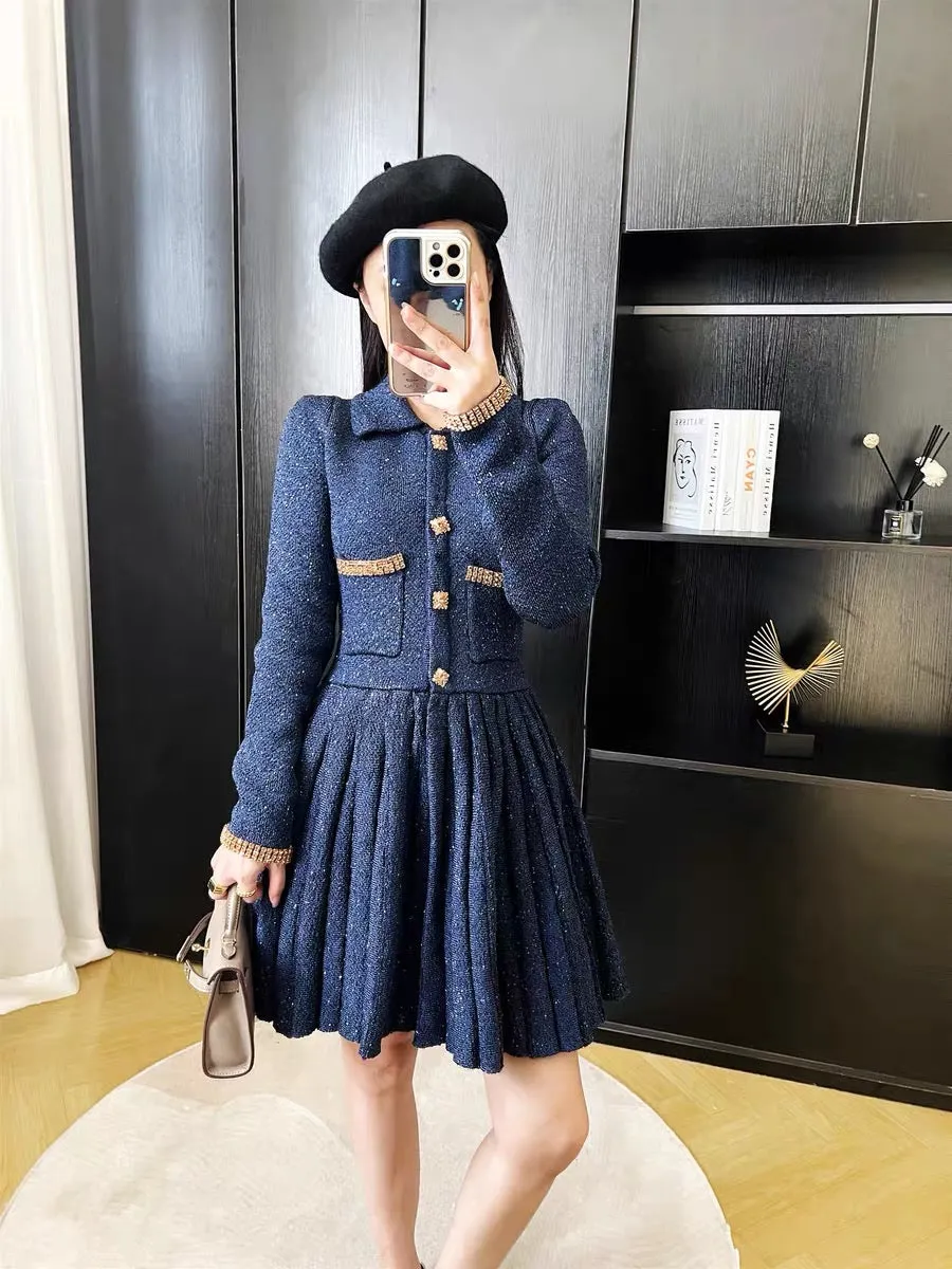 Autumn French retro sequin gold buckle diamond pleated slim-fitting small fragrant knitted dress bottoming slim sweater skirt D9