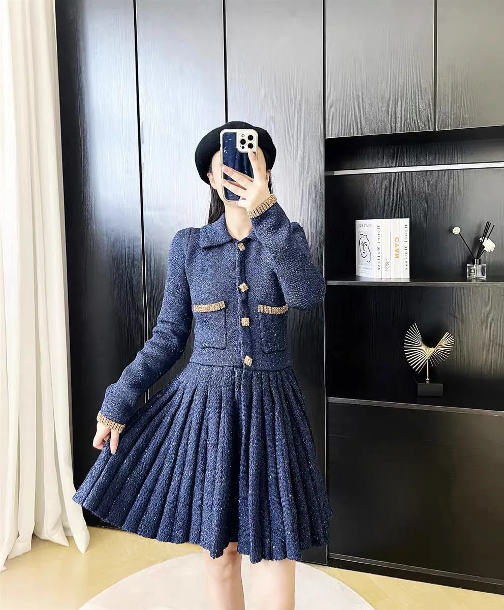 Autumn French retro sequin gold buckle diamond pleated slim-fitting small fragrant knitted dress bottoming slim sweater skirt D9