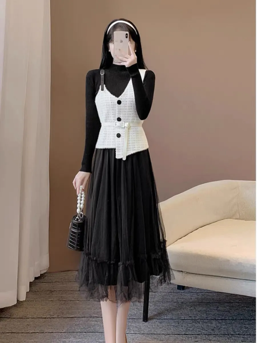 Autumn new style French retro Hepburn style light luxury slim vest sweater two-piece set bottoming knitted dress