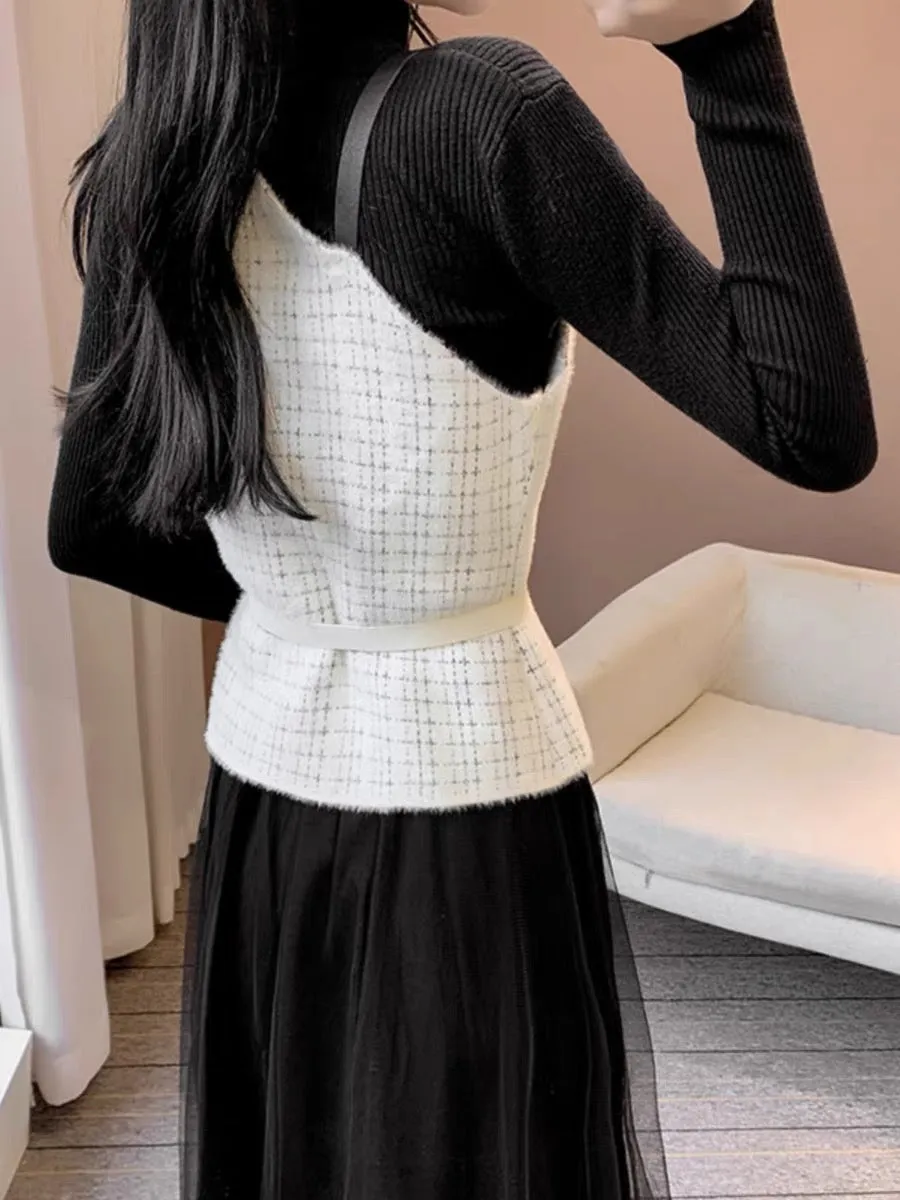 Autumn new style French retro Hepburn style light luxury slim vest sweater two-piece set bottoming knitted dress