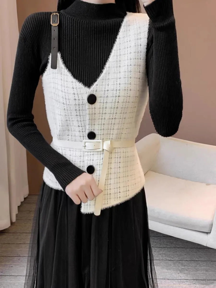 Autumn new style French retro Hepburn style light luxury slim vest sweater two-piece set bottoming knitted dress