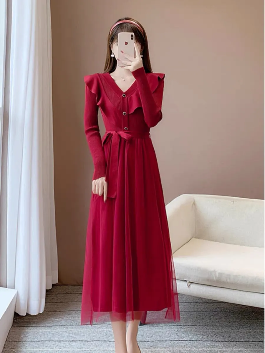 Autumn new style French retro temperament gentle slim sweater dress high-end dress knitted mesh splicing dress