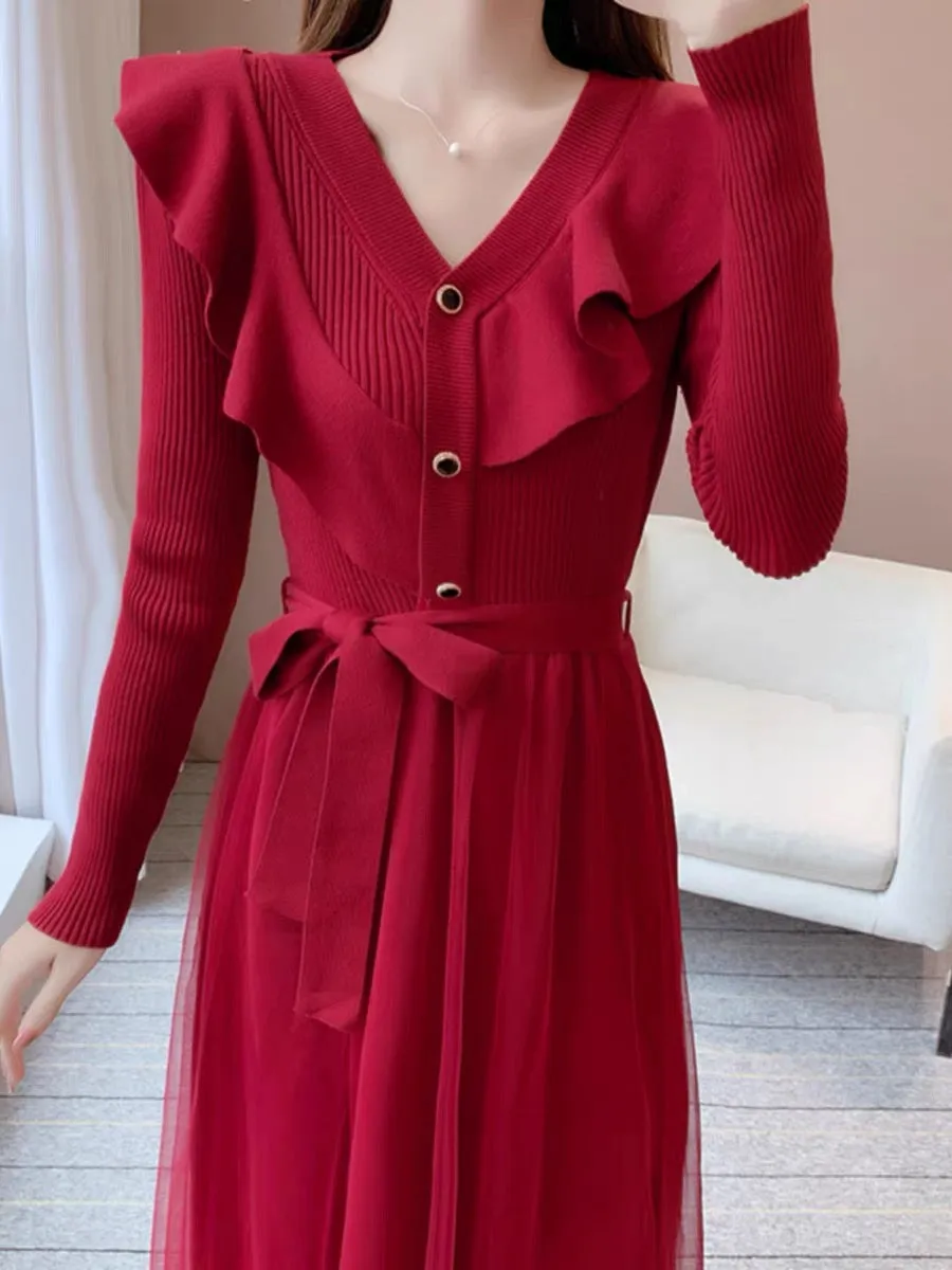 Autumn new style French retro temperament gentle slim sweater dress high-end dress knitted mesh splicing dress