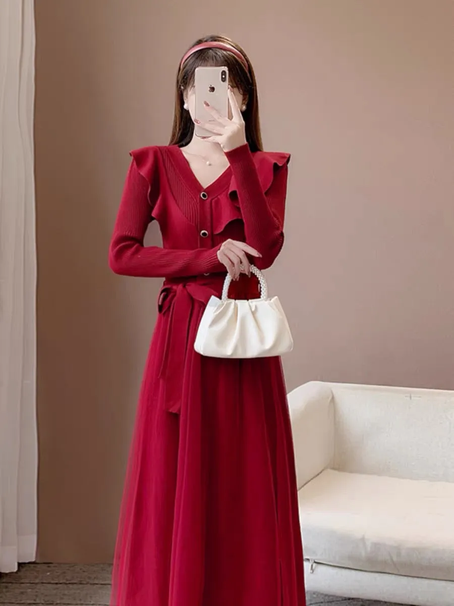 Autumn new style French retro temperament gentle slim sweater dress high-end dress knitted mesh splicing dress