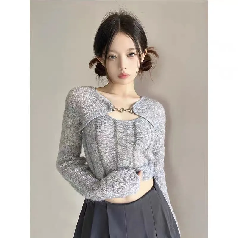 Autumn small fragrance fashion hollow sun protection sweater for women pure desire sexy slimming simple and versatile two-piece 