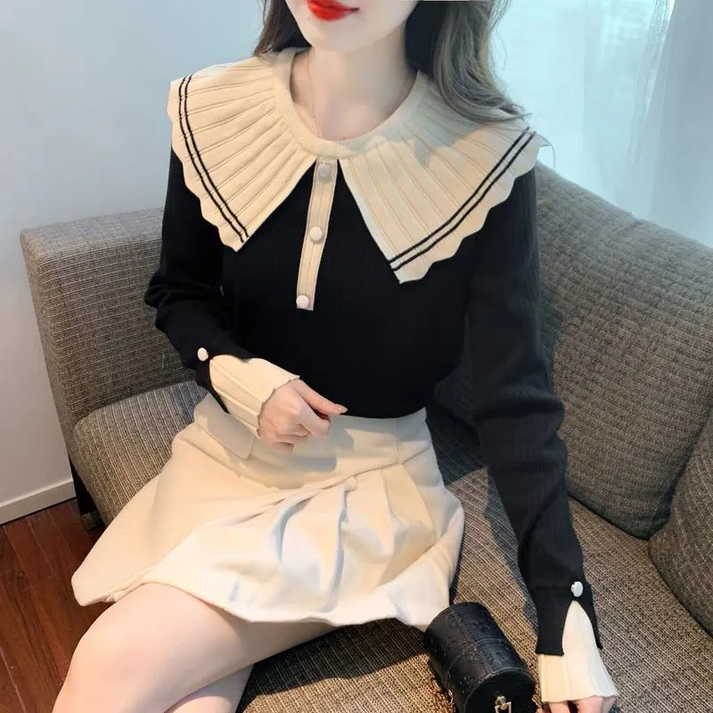 Baby doll collar long-sleeved sweater sweater for women 2023 new autumn and winter versatile small fragrance style slim bottomin