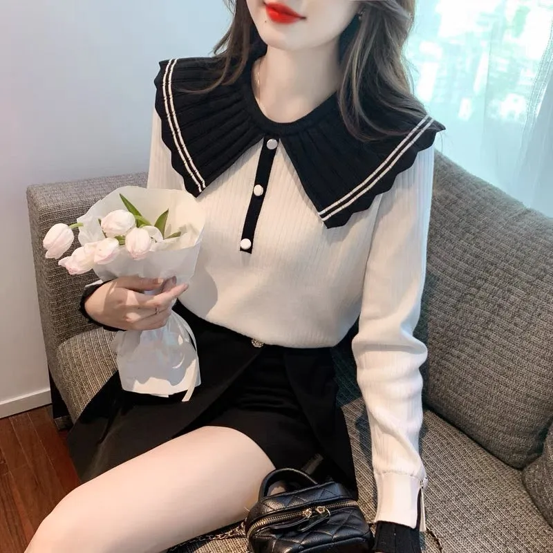 Baby doll collar long-sleeved sweater sweater for women 2023 new autumn and winter versatile small fragrance style slim bottomin