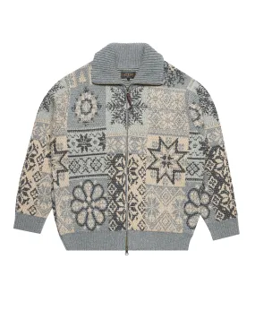 Beams+ Zip Cardigan Double Jacquard Patchwork Like Patter