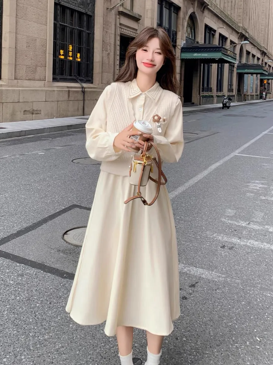 Beige knitted vest suit autumn women's 2023 new Korean college style slim dress two-piece trendy set