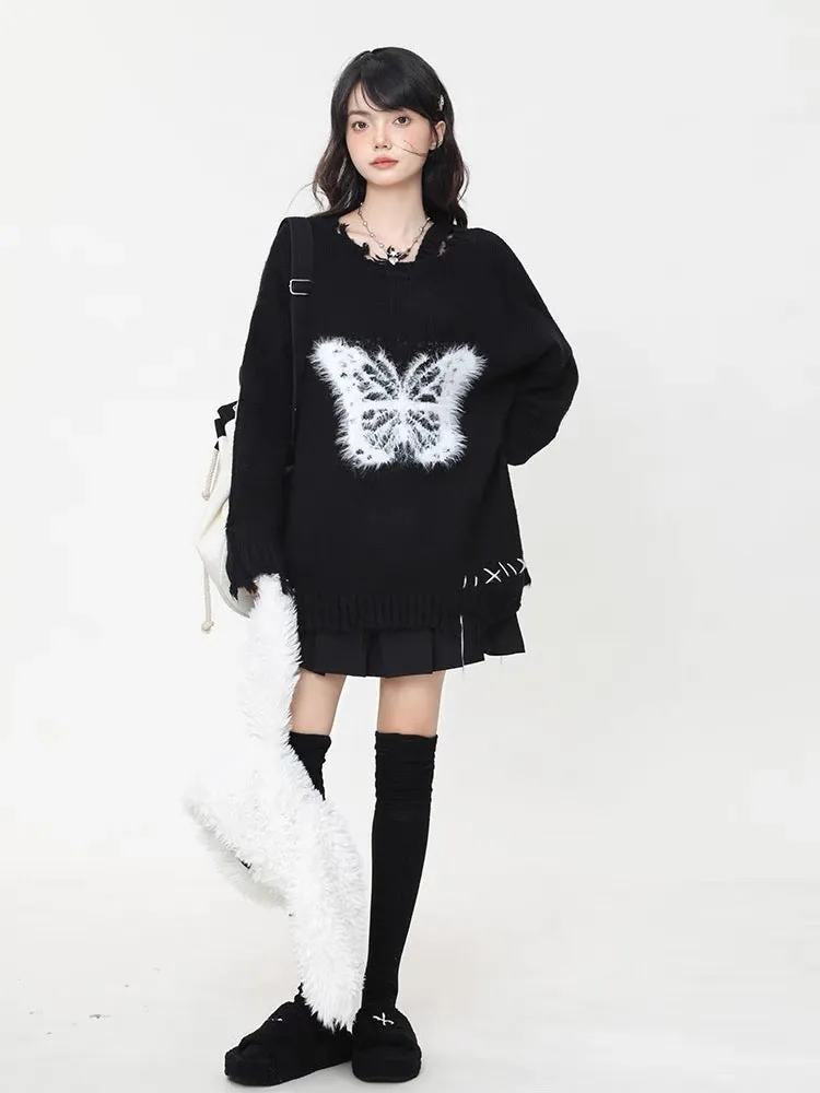 Big sim little sim bow black sweater women's autumn and winter design sweet and cool hot girl pullover sweater top V1162