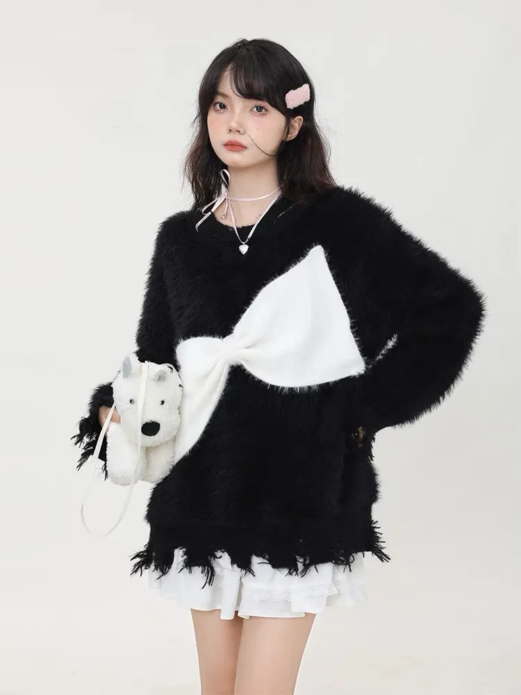 Big sim small sim bow lazy style pullover sweater women's autumn and winter new loose furry sweater top V1165