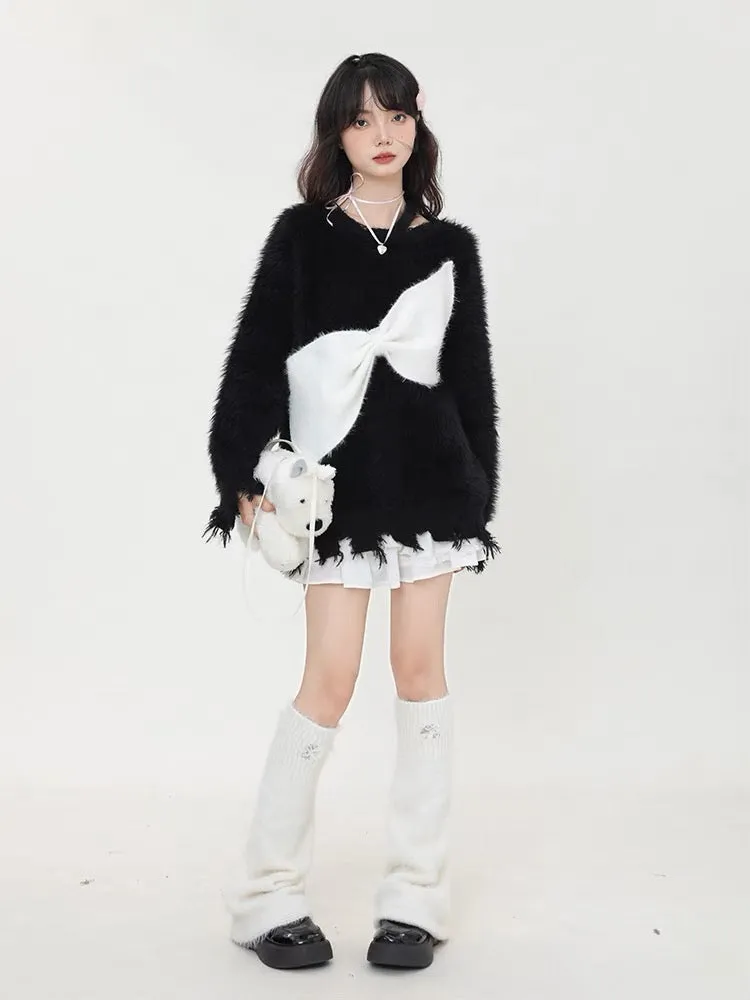 Big sim small sim bow lazy style pullover sweater women's autumn and winter new loose furry sweater top V1165