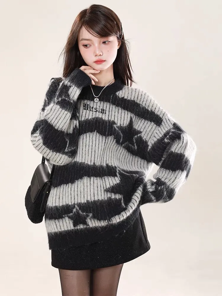 Big sim small sim contrasting striped sweater autumn and winter women's lazy style high-end American retro loose pullover top V1