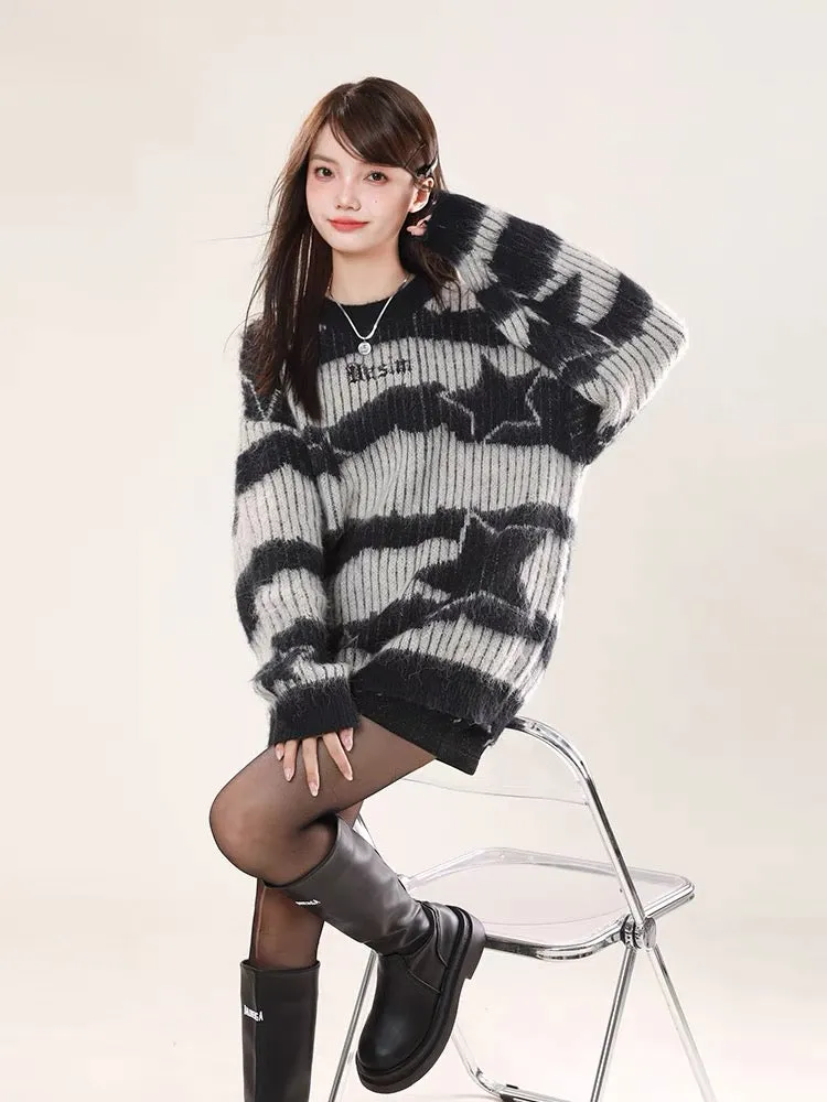 Big sim small sim contrasting striped sweater autumn and winter women's lazy style high-end American retro loose pullover top V1