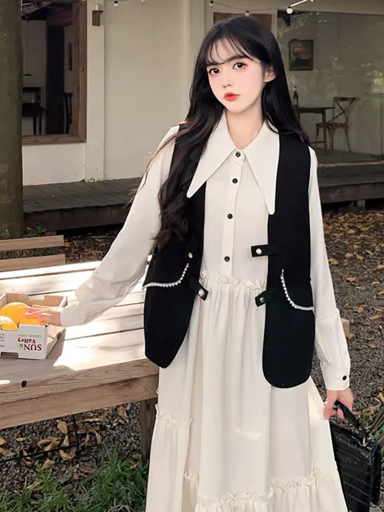 Black vest dress suit women's autumn new high-end French retro long-sleeved shirt and skirt two-piece set (S0976)