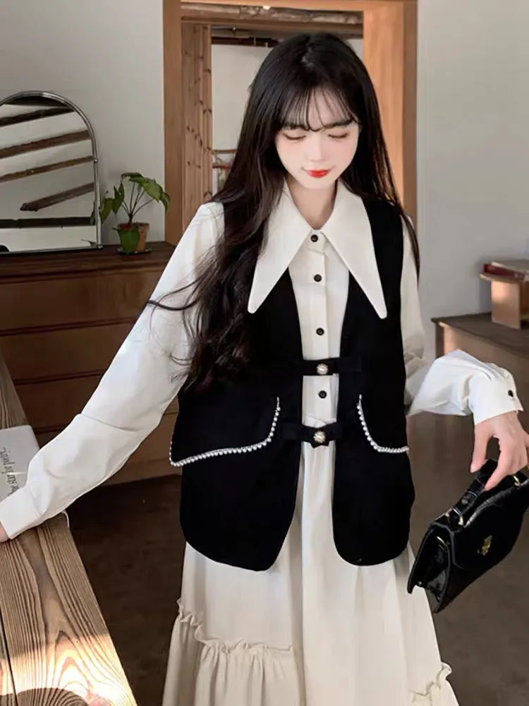 Black vest dress suit women's autumn new high-end French retro long-sleeved shirt and skirt two-piece set (S0976)