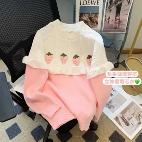 Breast-type pink sweater for women, high-end design splicing French sweet age-reducing sweater 2023 autumn new style (B44418)