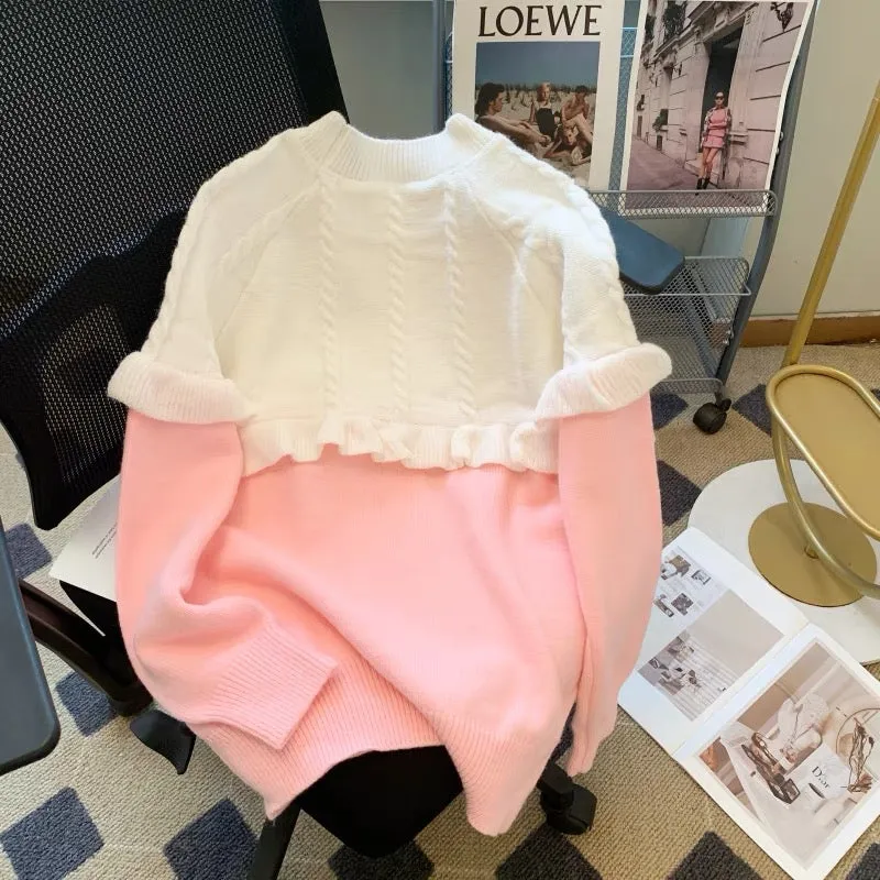 Breast-type pink sweater for women, high-end design splicing French sweet age-reducing sweater 2023 autumn new style (B44418)