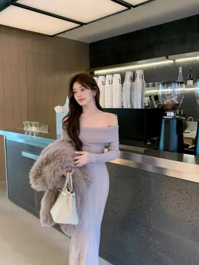 ByYou Autumn and Winter Royal Sister Style Gray One Shoulder Knitted Dress Mid-Length Slimming Fishtail Sweater Dress