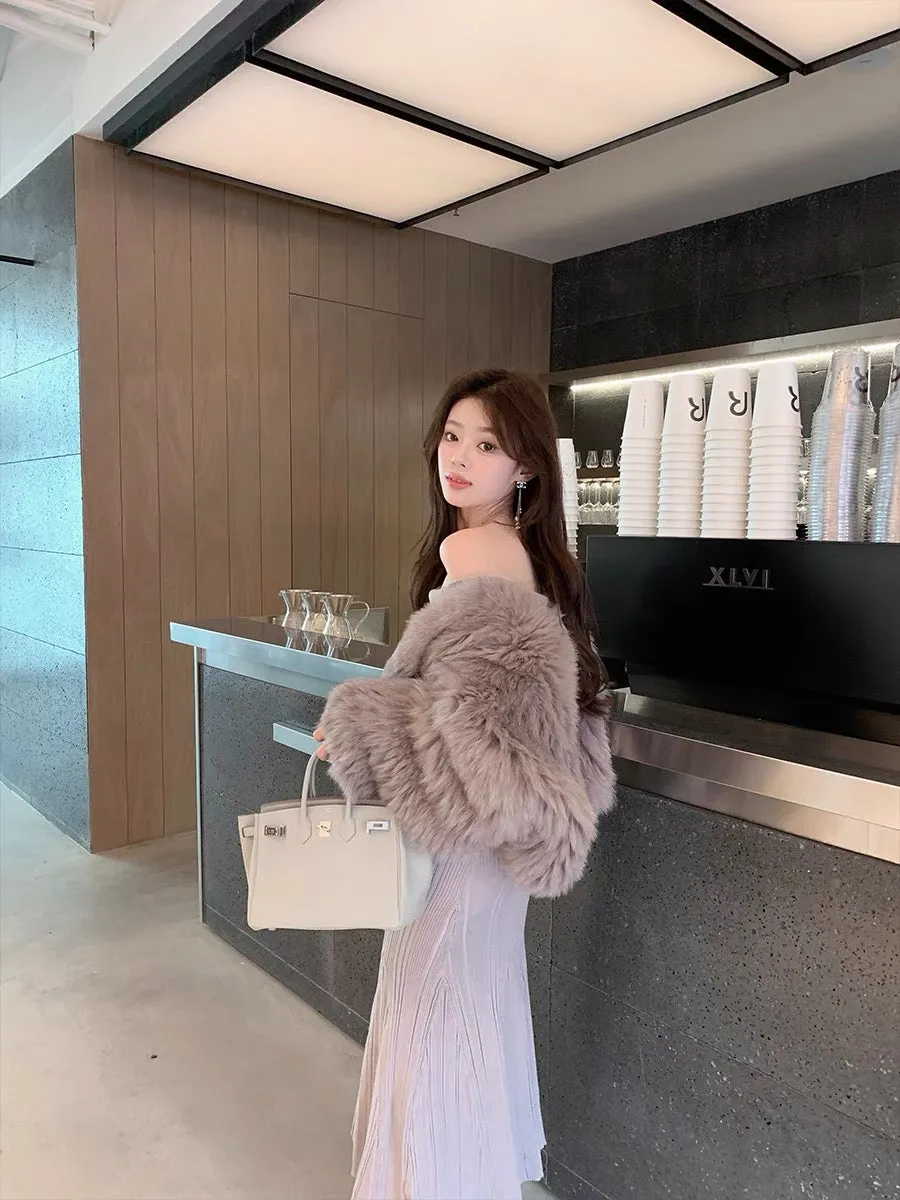 ByYou Autumn and Winter Royal Sister Style Gray One Shoulder Knitted Dress Mid-Length Slimming Fishtail Sweater Dress