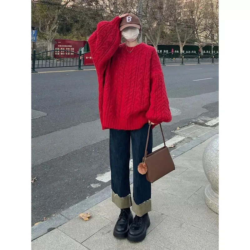 Christmas red twist warm long-sleeved knitted sweater for women in the year of birth, winter loose slimming lazy style pullover 