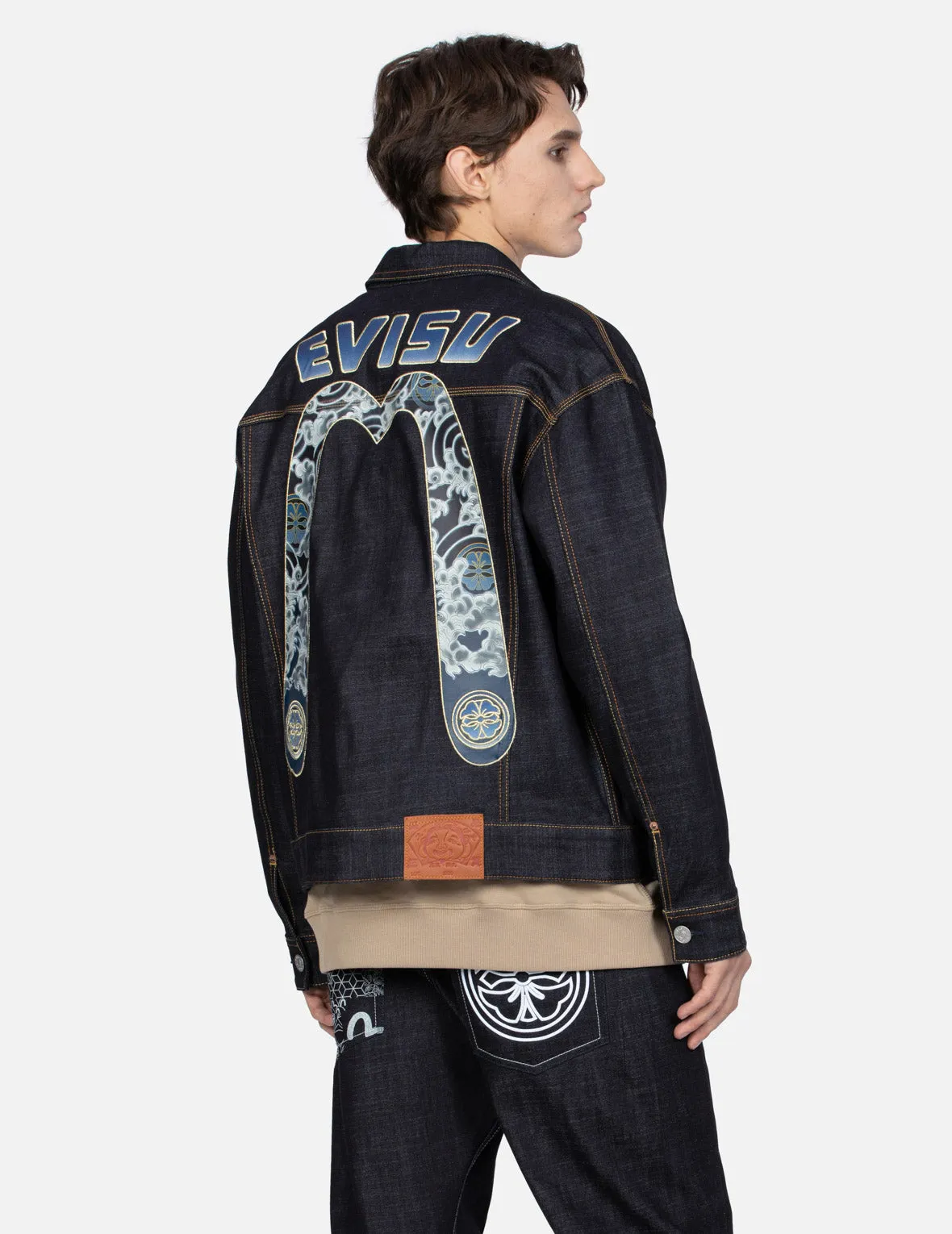 Cloud and Kamon-pattern Daicock Print Loose Fit Denim Jacket