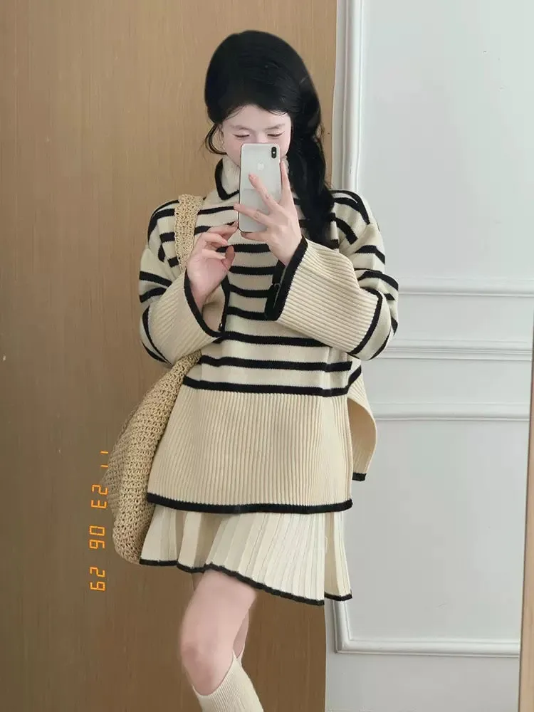 Contrast color striped loose and slim turtleneck long-sleeved sweater for women 23 autumn and winter new style side slit with in